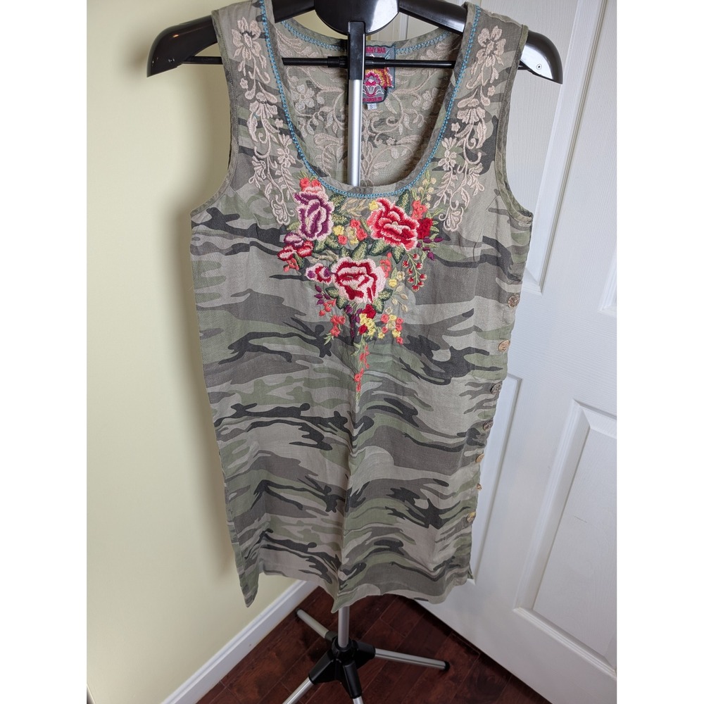 Johnny Was Adeline Women Small Camo Floral Embroidered Linen Sleeveless Dress